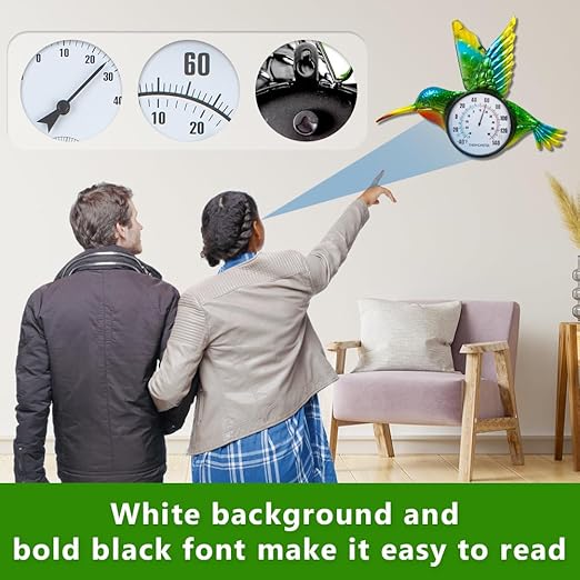 Hummingbird Outdoor Thermometer, 17" Indoor Thermometers with Large Number, Metal Wall Thermometer No Need Battery for Patio Room