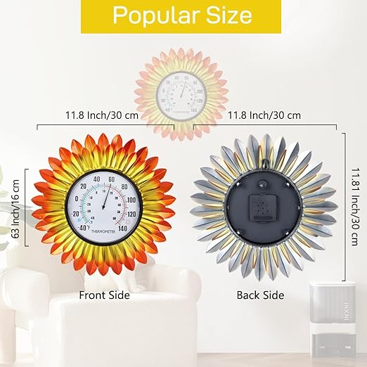 VEWOGITF Outdoor Thermometer, Metal Wall Themometer No Need Battery, Yellow Flower Indoor Thermometer with Large Number for Patio Room Decor