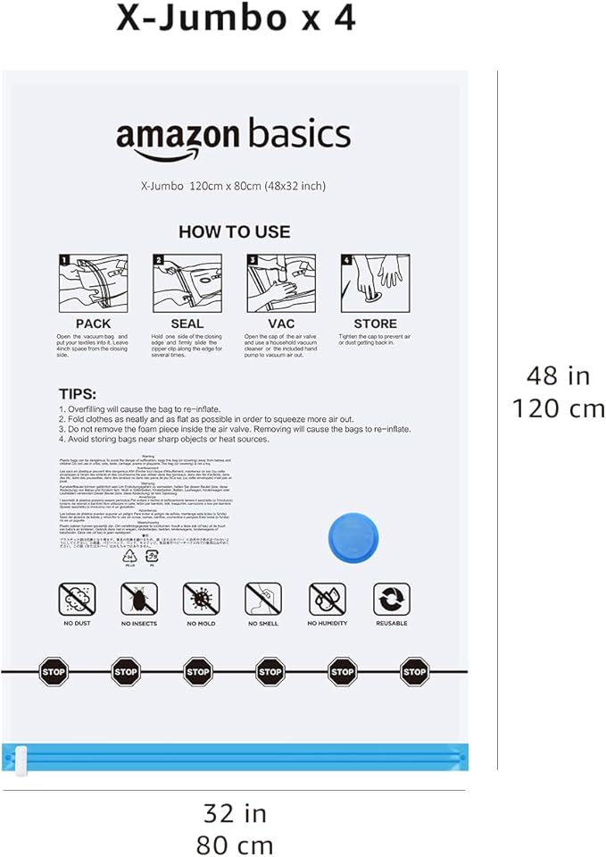 Amazon Basics Vacuum Compression Space Saving Storage Bags with Hand Pump for Clothes Packing, Ideal for Blankets, X-Jumbo Pack of 4