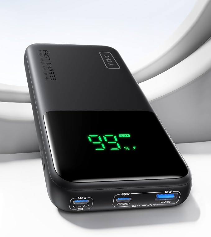 INIU 140W Power Bank, Compact 25000mAh High Capacity Laptop Portable Charger, USB C in&Out Tablet Powerbank, Smart Digital Display Phone Charger for iPhone 17 16, Samsung, iPad, MacBook, Laptop etc.