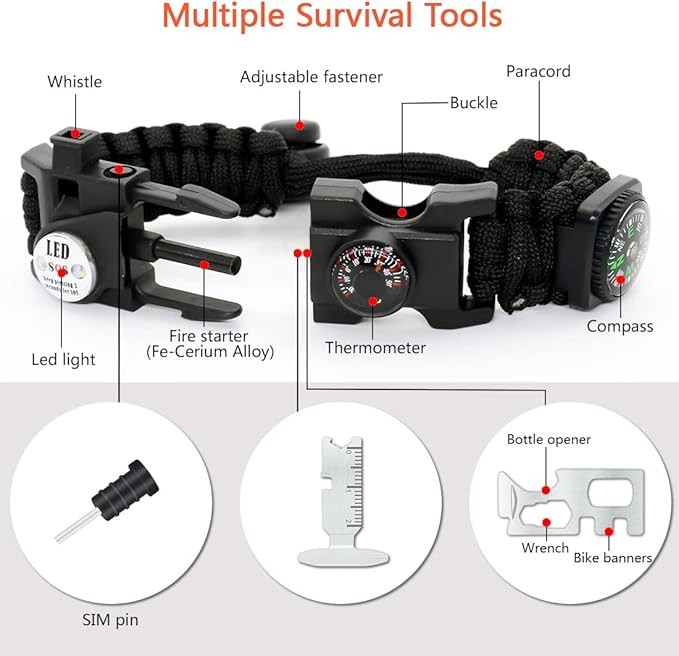 20 in 1 Survival Paracord Bracelet Adjustable Gear Kit with SOS LED Light, Fire Starter, Bigger Compass, Survival Whistle, Perfect for Camping, Hiking, Fishing