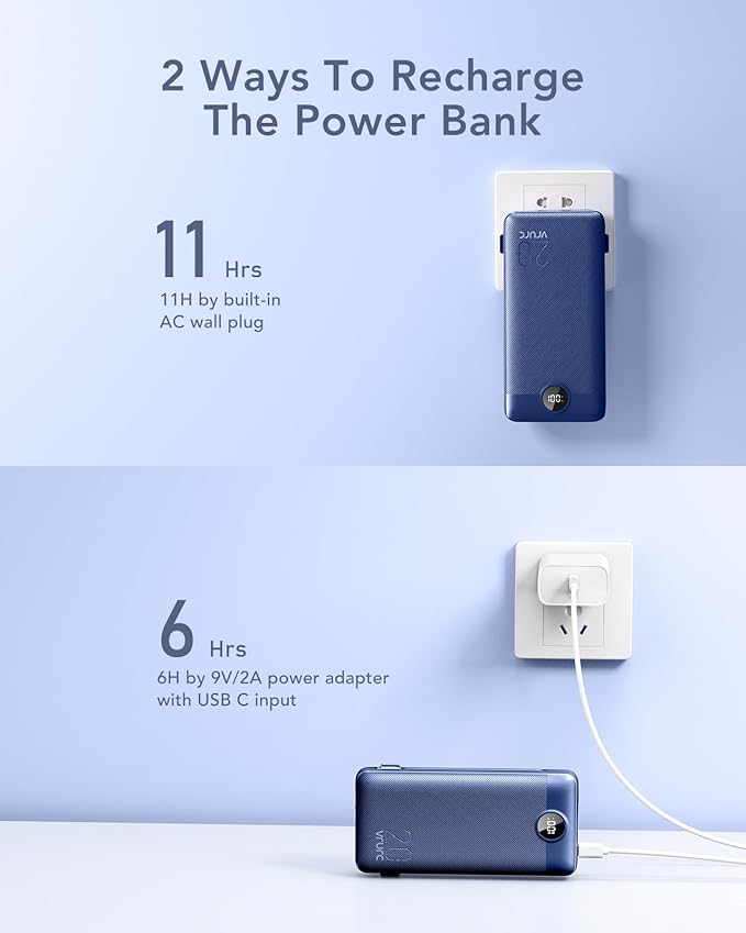 VRURC Portable Charger 20000mAh, Fast Charging Power Bank USB C,4 Output 2 Input Travel Essentials Charging Bank Equipped with LED Display,Built-in Wall Plug and Cables,Phone Charger Battery,Navy