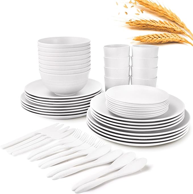 Wheat Straw Plate and Bowl sets with cups and cutlery set of 64 - Unbreakable Dinnerware service for 8 - Microwave and Dishwasher safe dish sets for kitchen,indoors and out doors.White