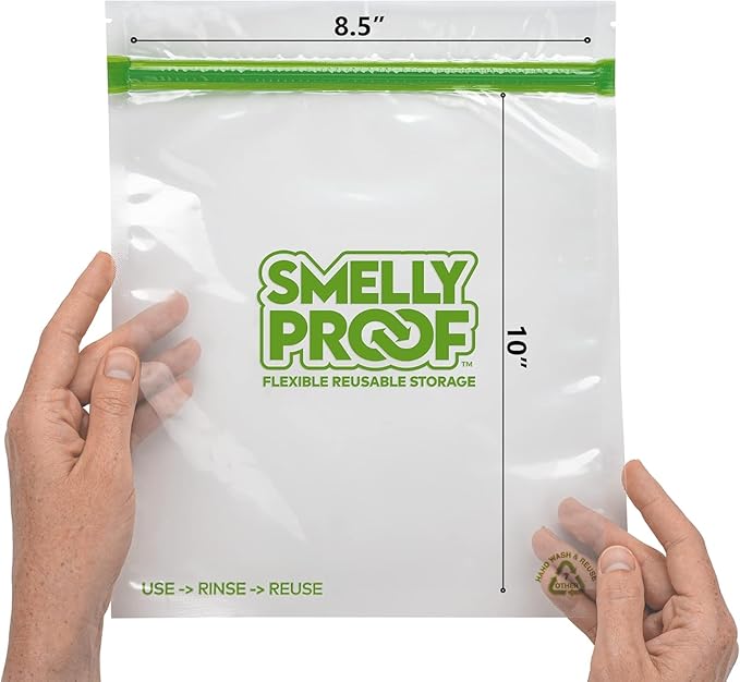 Smelly Proof 50pk Reusable Food Storage Bags - Made in USA, Dishwasher-Safe, BPA FREE, NO PEVA, Clear FLAT Large 3-mil Thick, 8.5" x 10"