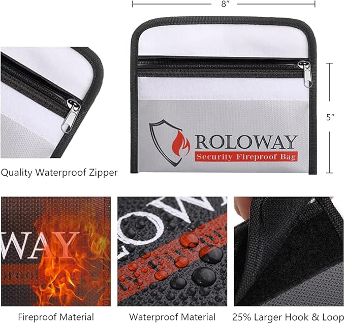 ROLOWAY Small Fireproof Bag (5 x 8 inches), Non-Itchy Fireproof Money Bag, Fireproof Cash Bag, Fireproof Envelope Bag for Cash, Passport, Currency & Keys (4-Pack)