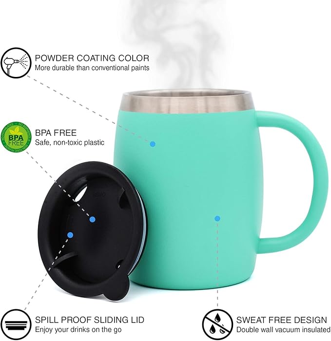 Stainless Steel Insulated Coffee Mugs Set of 2 (14oz) Double Wall Coffee Cups With Spill Resistant Lid & Handle – Shatterproof Cups for Cold & Hot Drinks for Indoor & Outdoor Use (Aqua Blue)