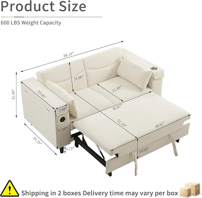 66" Pullout Couch Sleeper Sofa with Hidden Side Table, Storage Armrests & USB Charging – Convertible Sofa Bed with Spring Mattress & Wood Frame, Great for Small Spaces (ZY-2027-White)
