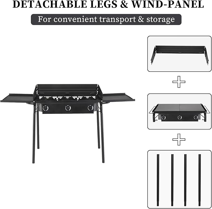 Bonnlo 3 Burners Propane Gas Stove, 225,000 BTU Portable Outdoor Camp Cooker Stove with Regulator, Side Shelves, Foldable Windpanel, Adjustable Height & Carrying Bag for Backyard, Camping, Tailgating