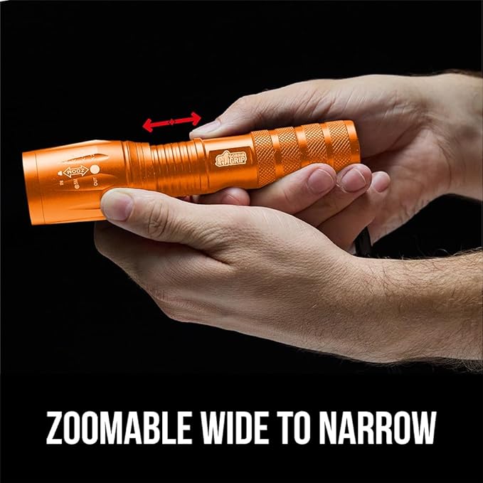 GORILLA GRIP Powerful LED Tactical Flashlight, 750 FT High Lumens 5 Adjustable Modes, Water Resistant, Ultra Bright Zoom Flashlights, Small Mini Flash Light, Camping, Night Dog Walking, 2 Pack Orange