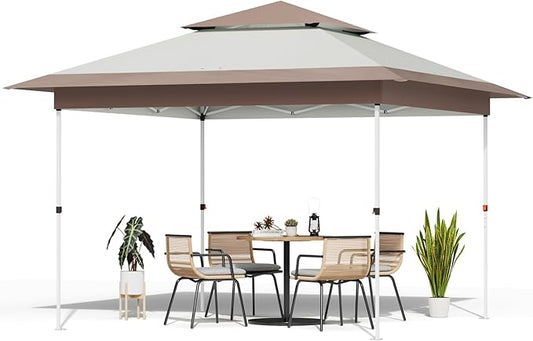 TLSUNNY 12X12 Pop Up Canopy Tent, Camping Shader W/Overhanging Eaves & Sand Bag, Outdoor Gazebo Shelter W/One Push Setup & Wheeled Bag, Height Adjustable, for Patio, Market, Party (Khaki, 12FTX12FT)