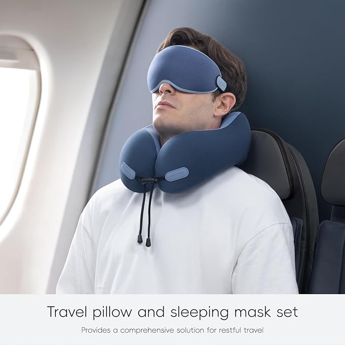 Neck Pillow for Travel Memory Foam Design Models Pillows with Zero Eye Pressure 3D Eye Mask and Compact Bag Traveling Essentials Plane Car Flight Rest Sleeping Use Adult, Blue