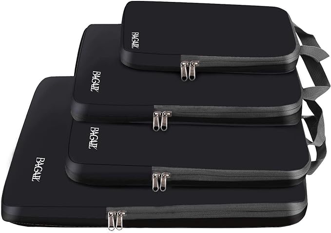 BAGAIL 4 Set/6 Set/8 Set Compression Packing Cubes Travel Accessories Expandable Packing Organizers (Cloth Pattern, 4-Black)