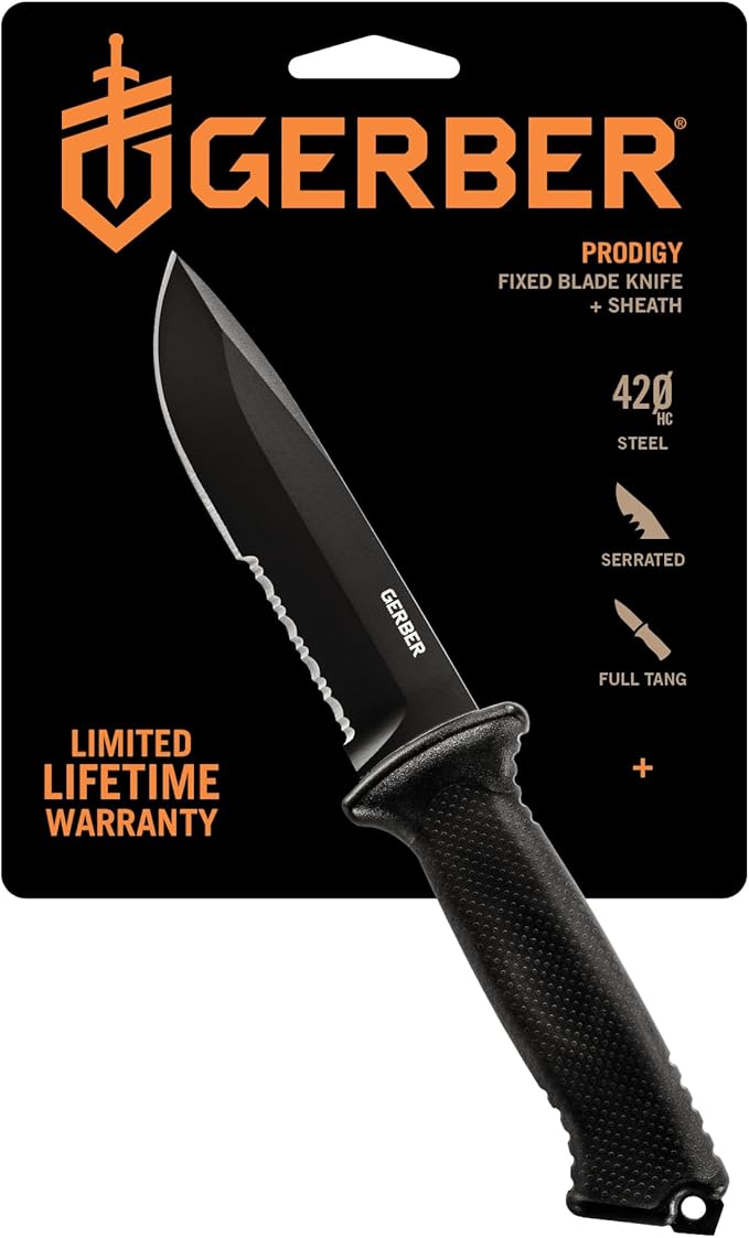 Gerber Gear Prodigy Fixed Blade Survival Tactical Knife - Made in USA Full Tang, Serrated Edge Knife - American High Carbon Steel Blade - Molded Soft-Grip - with Protective MOLLE Sheath - Black