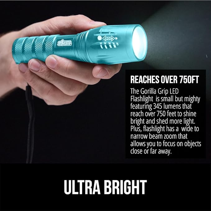 GORILLA GRIP Powerful LED Tactical Flashlight, 750 FT High Lumens 5 Adjustable Modes, Water Resistant, Ultra Bright Flashlights, Small Mini Flash Light, Camping, Night Dog Walking, 2 Pack Turquoise