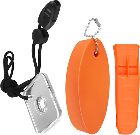 Outdoor Rescue Signal Mirror Floating Whistle Combo Survival Kit Flash Signaling Mirror Emergency Whistle Orange Float for Backpacking Camping Hiking Activities