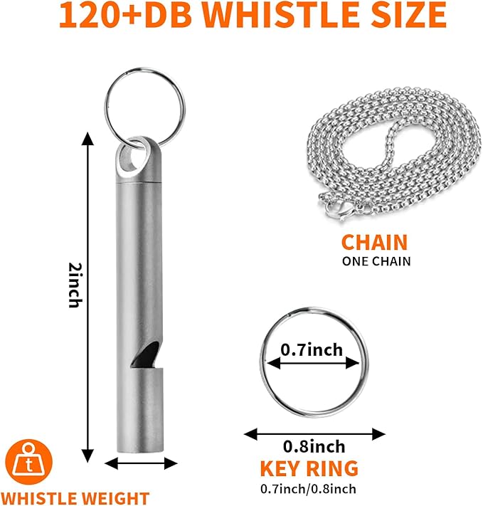 Titanium Emergency Whistle, Gray, 2 Inches Length, 120db Loud Safety Whistle with Necklace Chain, for Survival, Hiking, Camping, Pet Training