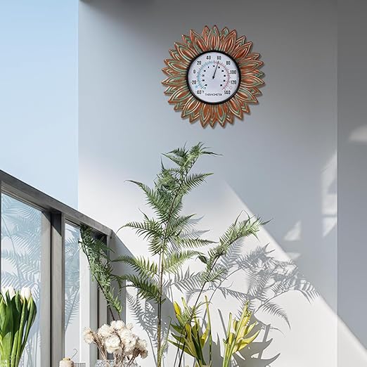 Sunflower Outdoor Thermometers, No Need Battery Indoor Themometer, 12" Metal Wall Thermometer with Large Number Easy to Read for Patio Room Decor