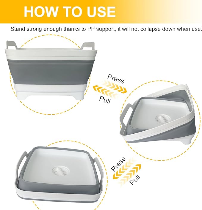 Collapsible Dish Basin & Sink Tub with Drain Plug – 2.4 Gal Baby Bottle Wash Basin, Bottle Washing Bin for RV, Camping, Kitchen | Collapsible Water & Bottle Basin (Grey)