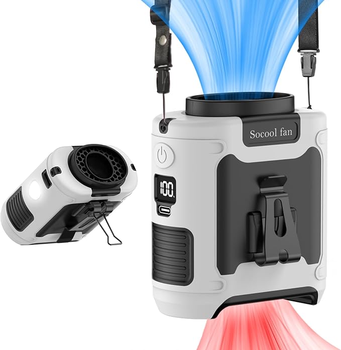 Socool 10000mAh Portable Waist Fan Clip on Wearable Belt Personal Fan Rechargeable Battery Operated With 5 Speeds & Flashlight Neck Hands-Free 40H Cooling For Outdoor Travel Camping Power Bank(White)