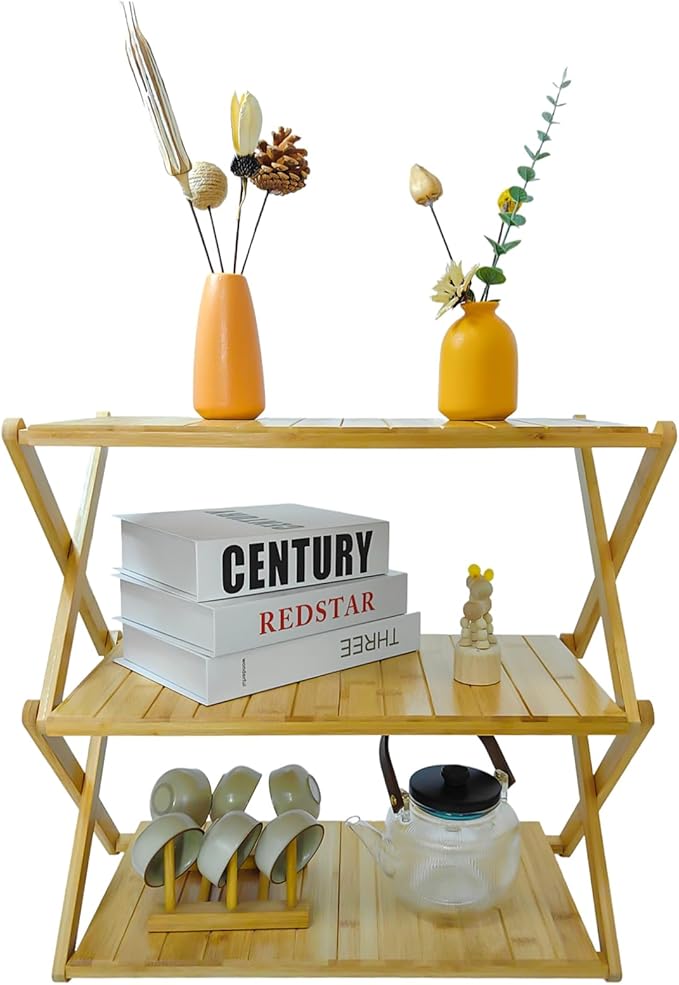 Foldable Bamboo Shelf, Folding Shoe Rack, Flower Rack, Camping Rack, No Installation Required, Portable, Space Saving, Multi-Purpose Storage Rack (Natural, 3Tiers)