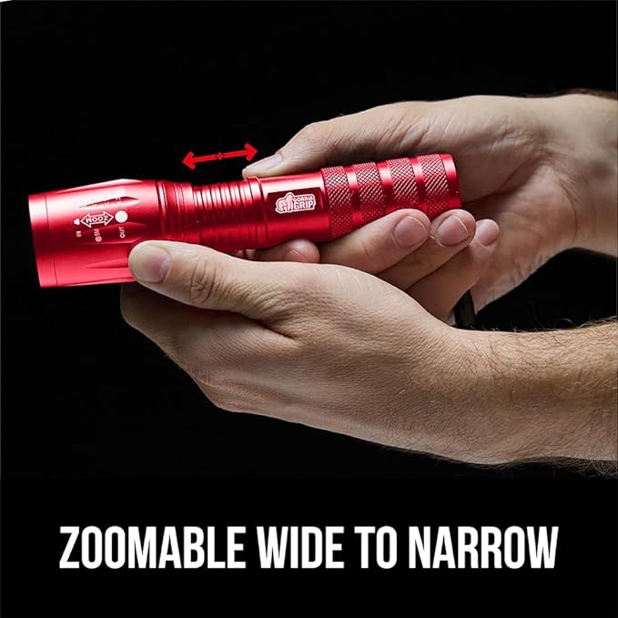 GORILLA GRIP Powerful LED Tactical Flashlight, 750 FT High Lumens 5 Adjustable Modes, Water Resistant, Ultra Bright Zoom Flashlights, Small Mini Flash Light, Camping, Night Dog Walking, Red
