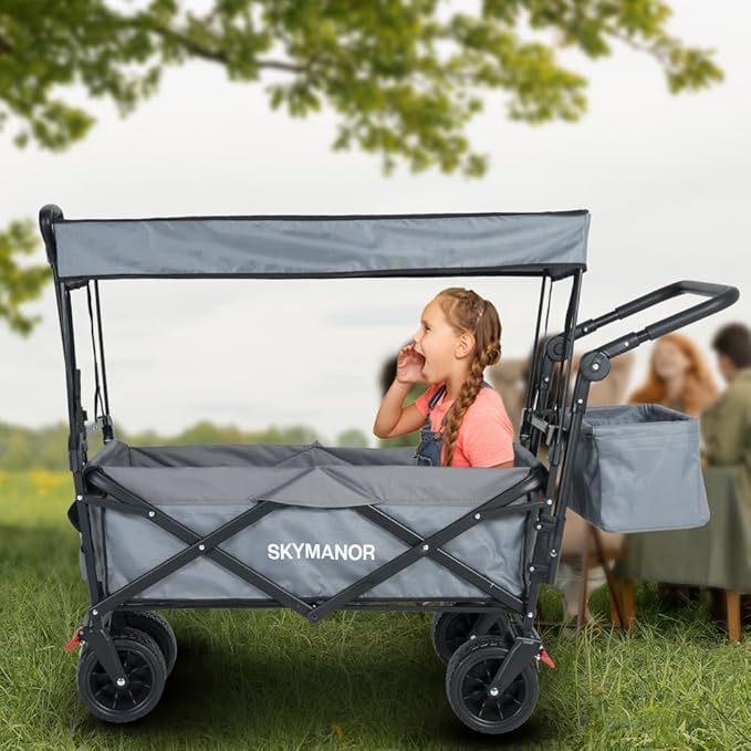 SKYMANOR Collapsible Wagon with Removable Canopy, 3-in-1 Heavy Duty Garden Cart with Big All-Terrain Wheels, Brakes, Adjustable Push Pull Handle, Cooler Bag, 300LBS Wagon Cart for Camping (Grey)