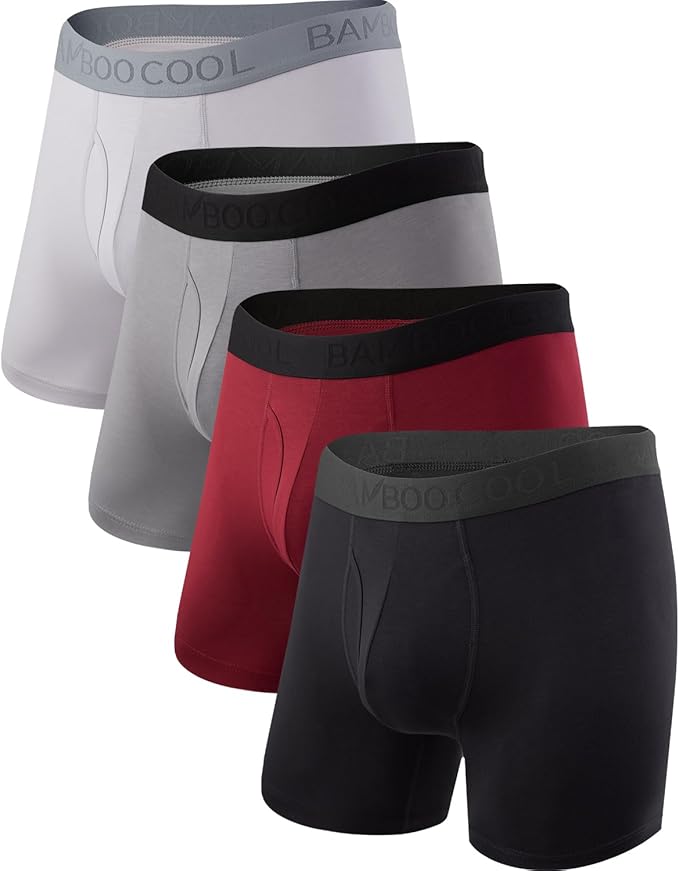 BAMBOO COOL Men's Underwear Boxer Briefs Fly with Built-in 3D Pouch Comfortable Cool Underwear for Men 4 Pack