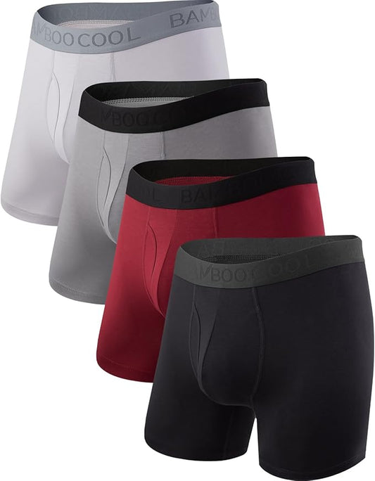 BAMBOO COOL Men's Underwear Boxer Briefs Fly with Built-in 3D Pouch Comfortable Cool Underwear for Men 4 Pack