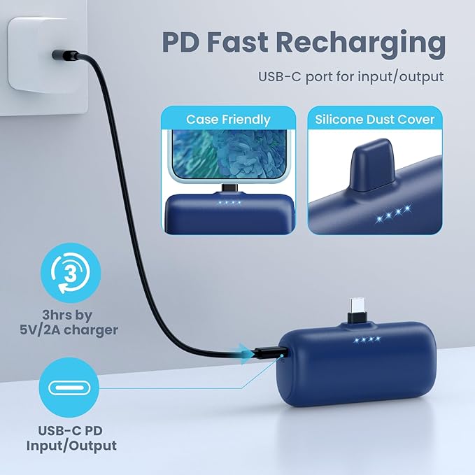 Mini Portable Charger for iPhone 16/15 Series,5200mAh 3A PD USB C Fast Charging Power Bank, Ultra-Compact Cell Phone Battery Pack for iPhone 16/16Plus/15/15Pro Max,Galaxy,Android,Moto,LG,iPad-Sea Blue