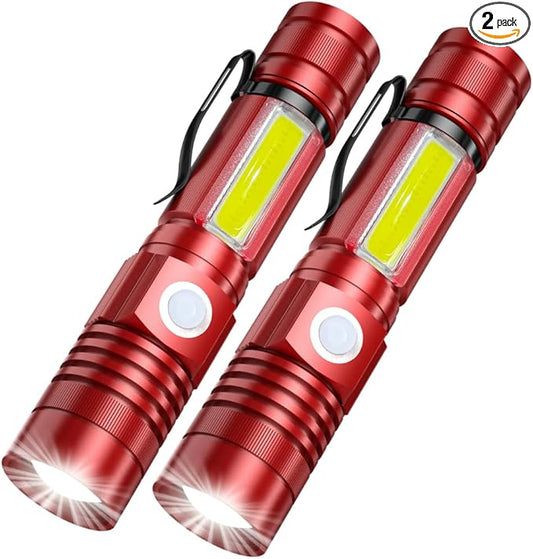 Rechargeable LED Flashlights, Magnetic Flashlight Tactical Super Bright with SideLight,USB Rechargeable,Zoomable,Waterproof Best Small Flash Light for Camping, Emergency Red