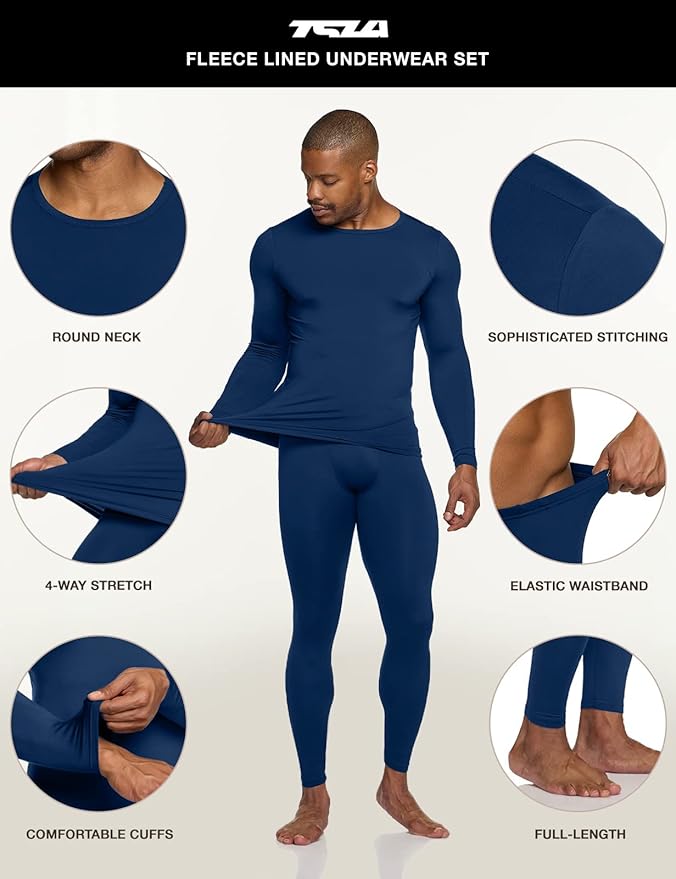 TSLA Men's Thermal Underwear Set, Microfiber Soft Fleece Lined Long Johns, Winter Warm Base Layer Top & Bottom