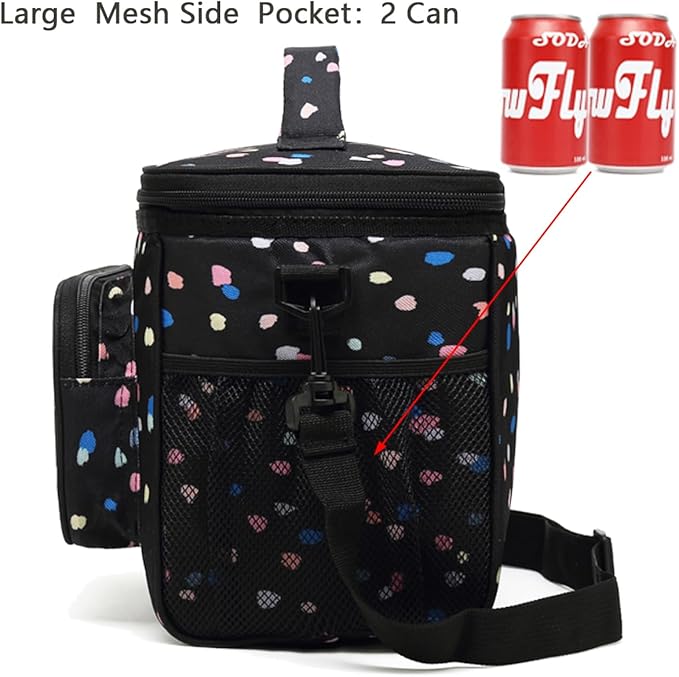 FlowFly Insulated Reusable Lunch Bag Adult Large Lunch Box for Women and Men with Adjustable Shoulder Strap,Front Zipper Pocket and Dual Large Mesh Side Pockets,BlackFlower