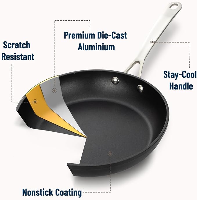UCC LIFE 9.5" Nonstick Frying Pan, Non Stick Fry Pans Skillets, Egg Omelet Pan, Stainless Steel Handle, Oven Safe Compatible with All Stove-tops (Black)
