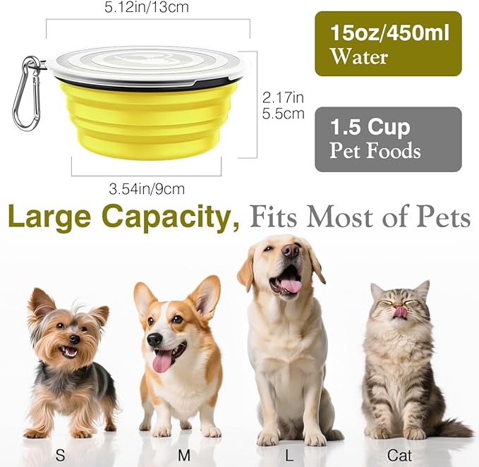 Pawaboo Collapsible Dog Bowls 2 Pack, Silicone Feeding Watering Bowls with Lids & Carabiners for Dogs Cats, Portable Water Feeder Food Bowl for Walking Traveling Home Use, Yellow + Black