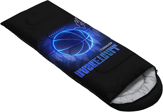 AILONEN Blue Glowing Basketball Sleeping Bag for Kids Boys,Warm and Cool Weather,Lightweight,Waterproof Backpacking,City Theme Ball Sports Sleeping Bag for Camping
