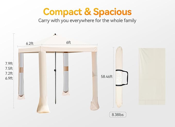 Beach Cabana, 6.2' x 6' Portable Canopy with Side Wall, 4 Adjustable Height, UPF 50+ UV Protection, Easy to Set Up Tent, Waterproof Beach Shelter for Outdoor Patio
