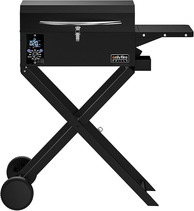 Onlyfire BBQ Wood Pellet Grill Smoker with Foldable Cart, Meat Probe, 2 Tiers Cooking Area, Portable Tabletop Grilling Stove for Outdoor Kitchen Cooking Smoke and Roast, RV Camping, Black GS343