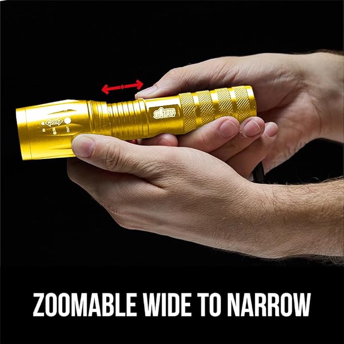 GORILLA GRIP Powerful LED Tactical Flashlight, 750 FT High Lumens 5 Adjustable Modes, Water Resistant, Ultra Bright Zoom Flashlights, Small Mini Flash Light, Camping, Night Dog Walking, Gold