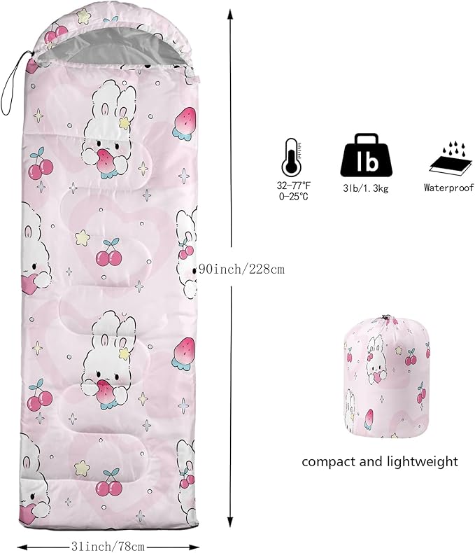 AILONEN Pink Lovely Rabbit Sleeping Bag for Girls Kids Adults,Warm and Cool Weather,Lightweight,Waterproof Backpacking,Cartoon Flowers Printed Bunny Sleeping Bag for Camping