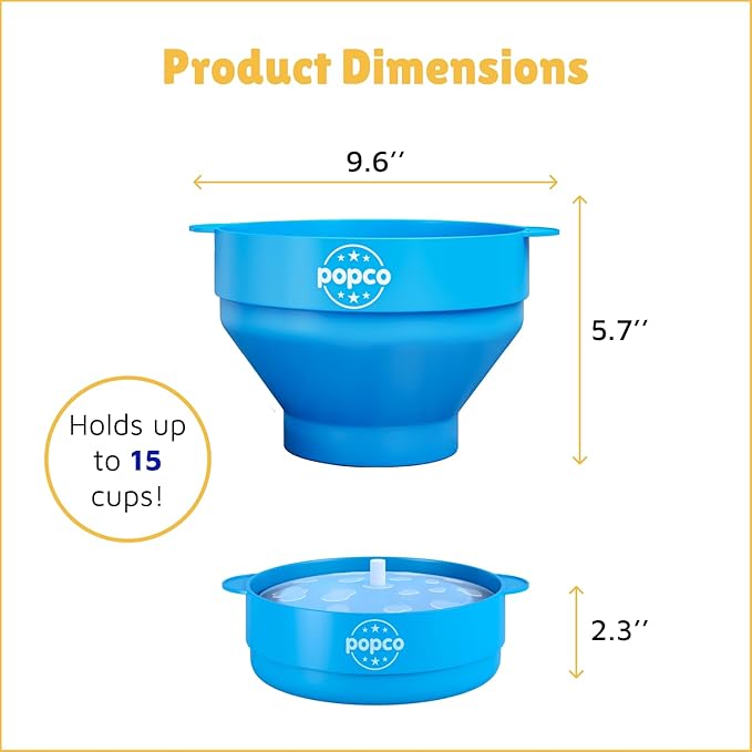 POPCO Silicone Popcorn Maker - Microwave Popcorn Popper - Collapsible Bowl, Heat-Resistant, Easy to Clean, Ideal for Family Movie Nights, 15-Cup Capacity - Transparent Glacier Blue