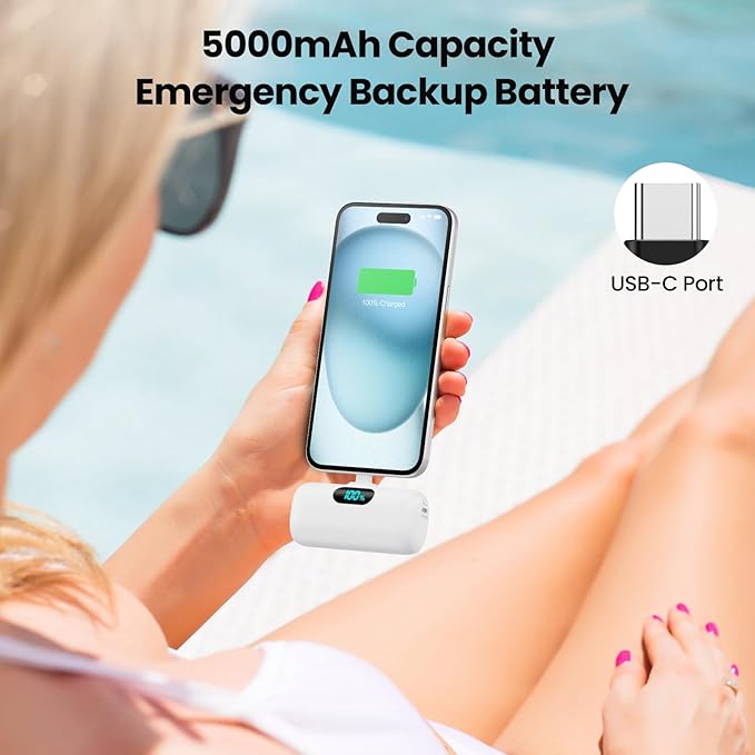Mini Portable Charger USB C Power Bank, Upgraded 5000mAh PD Fast Charging Battery Pack Built-in USB-C Connector,LCD Display,Compatible with iPhone 15,15 Plus,15 Pro/Max,iPad Pro/Air Android Phone etc