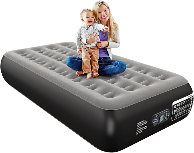 Twin Air Mattress Twin with Built in Pump 13" Double Height Inflatable Mattress with Soft Flocked Top & Carry Bag Adjustable Blow Up Mattress Portable Air Bed for Guest Indoor Travel-Black