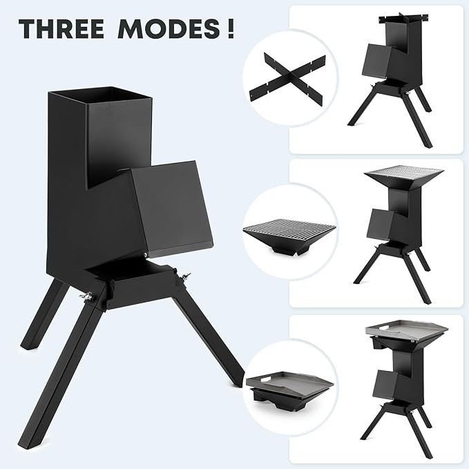 Stanbroil 3 in 1 Rocket Stoves with Grill Rack, Griddle and Pot Cooking Stand, Heavy Duty Wood Burning Stoves for Cooking, Camping wood Stove Kit for Off-Grid Supply, Outdoor Grilling Event