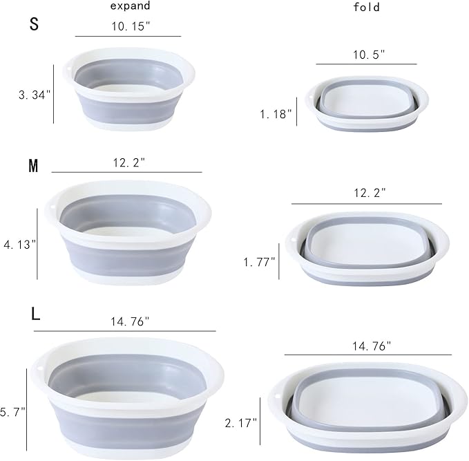 Multipurpose Foldable Collapsible Washbasin Lightweight Portable Basin, Collapsible Basin for Camping Sink and RV Sinks (Set of 3, S,M,L)