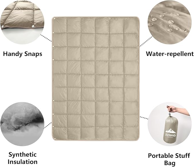 zzlamb Camping Blanket, Compact Lightweight Soft Puffy Blanket Water-Repellent, Packable Warm Quilt Down Alternative Picnic Hiking Backpacking Beach Travel RV Airplane Couch Car