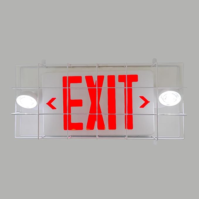 TANLUX Exit Sign Combo with Wire Cage, Round Light Head, Wall Mounted Emergency Exit Light with Protective Wire Guard, Red Exit Sign with Emergency Lights