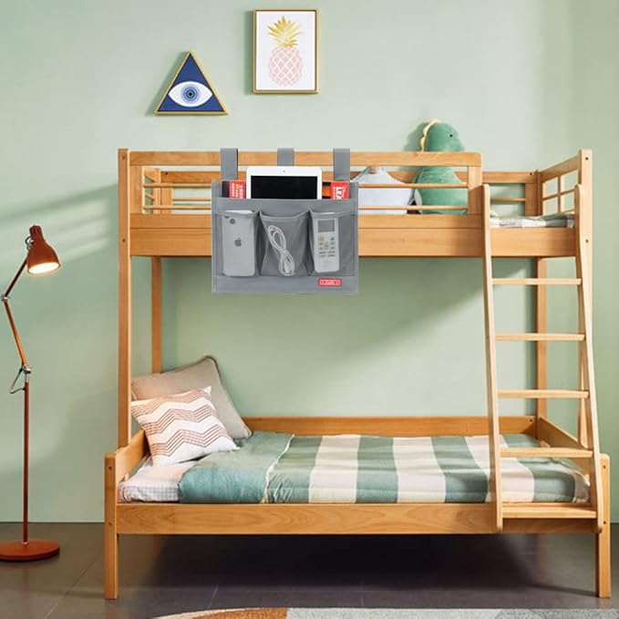 Hanging Bedside Caddy, Bedside Storage Organizer for Magazine, Phone, Remote control (Classic 4 Pockets-Grey)