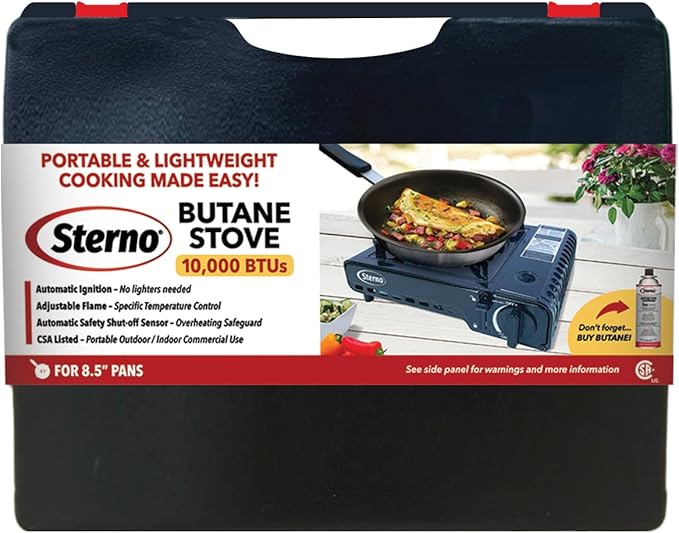 Sterno Portable Butane Stove - 9K/10K BTU Single Burner Stove, Outdoor & Indoor Use Butane Gas Burner with Carrying Case - Camping Cooktop for Tailgating, Outdoor Cooking, Catering, & Action Stations