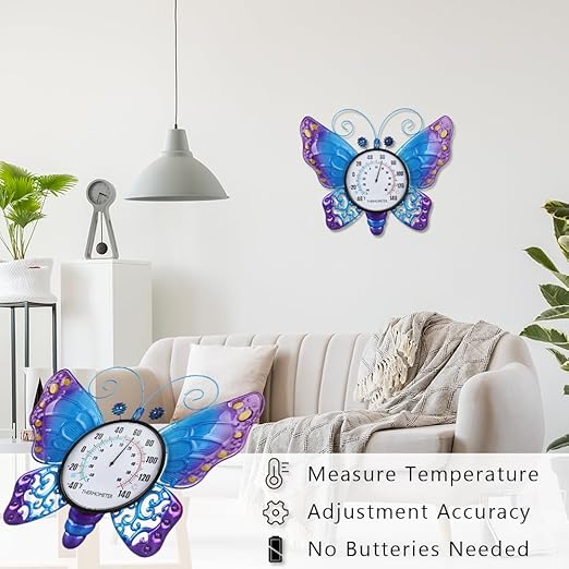 Outdoor Thermometer, Blue Butterfly Indoor Thermometer No Need Battery, Metal Wall Thermometer for Patio Home Room Decor