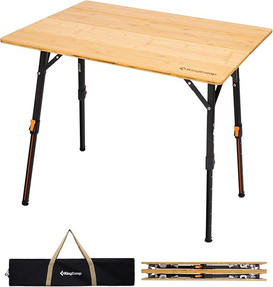 KingCamp Bamboo Folding Table, 4-Fold Camping Adjustable Height Portable Outdoor Lightweight & Compact Table with Aluminum Frame for RV Picnic BBQ Tailgating